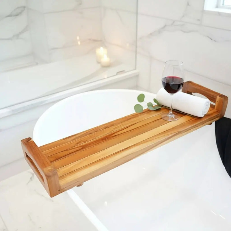 29" Natural Teak Bath Tray and Seat with Handles Homeroots Bed & Bath