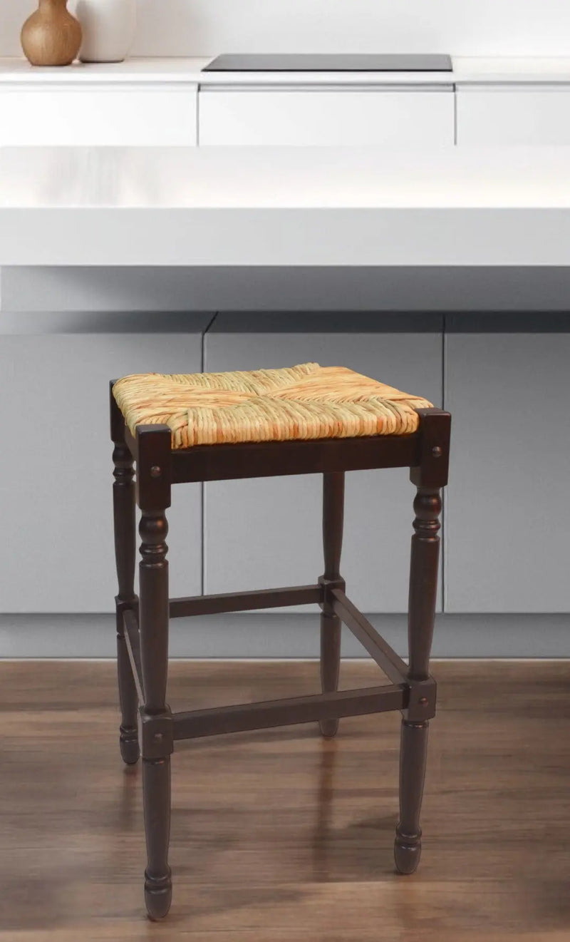 29" Natural and Espresso Wicker and Solid Wood Backless Bar Height Bar Chair Homeroots Living Room