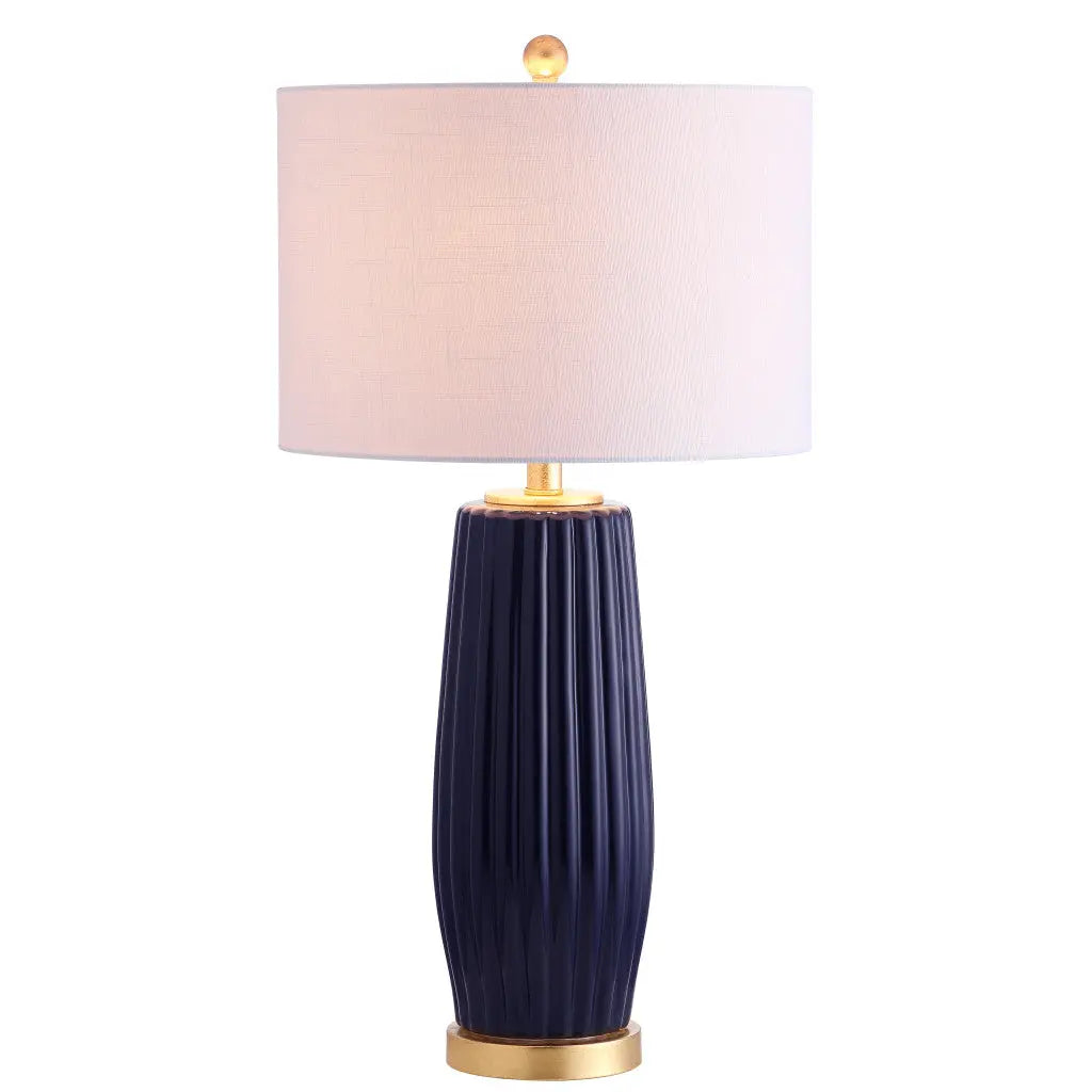 29" Navy Blue And Gold Table Lamp With Drum Shade Homeroots Lighting