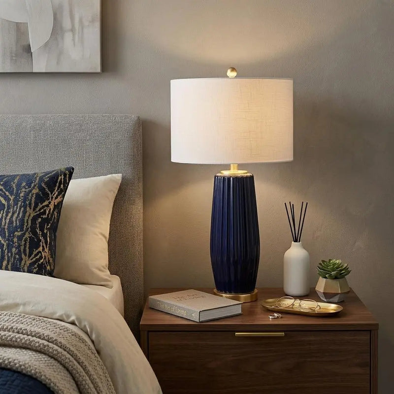 29" Navy Blue And Gold Table Lamp With Drum Shade Homeroots Lighting