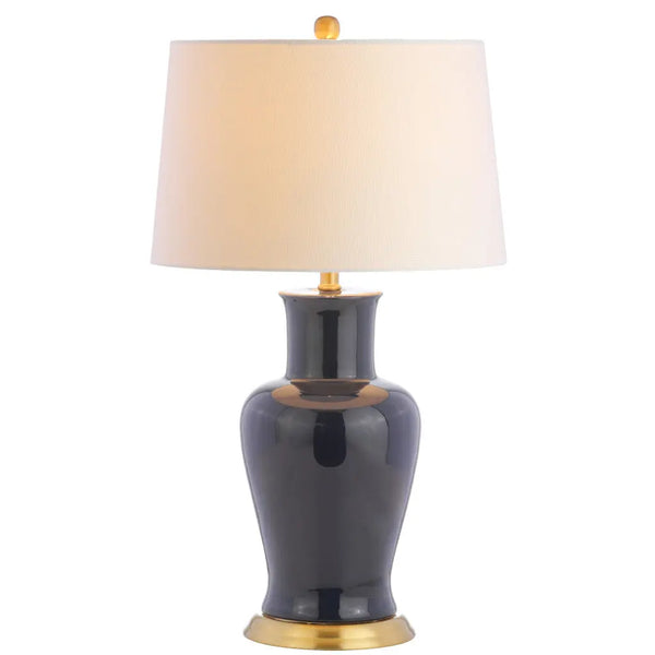 29" Navy Blue And Gold Urn Bedside Lamp With Drum Shade Homeroots Lighting