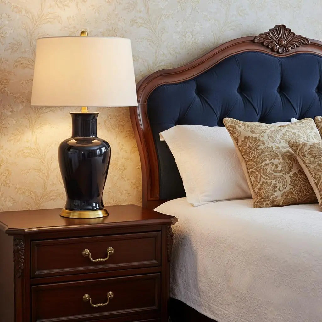 29" Navy Blue And Gold Urn Bedside Lamp With Drum Shade Homeroots Lighting