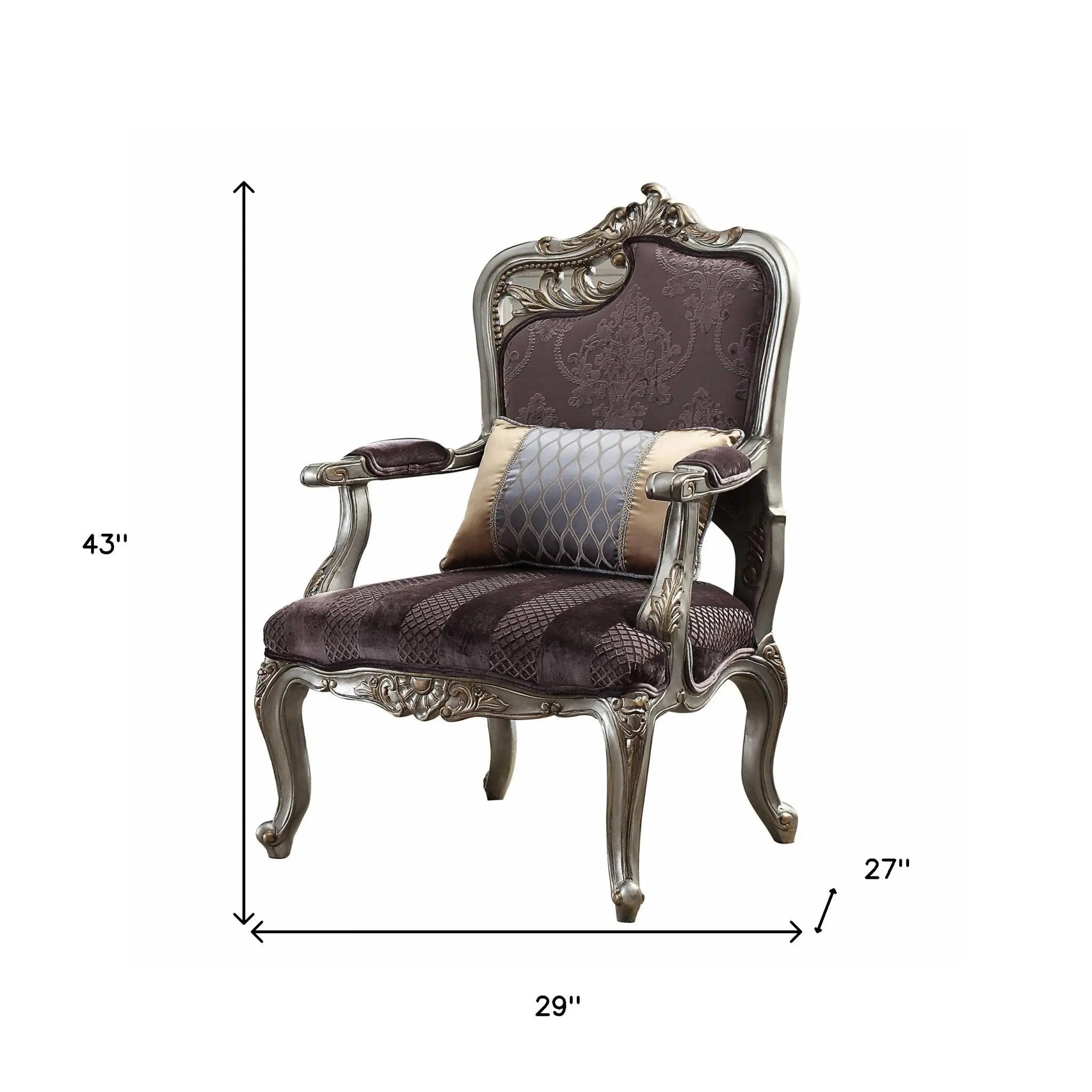 29" Purple Velvet and Wood Floral Arm Chair And Toss Pillow Homeroots