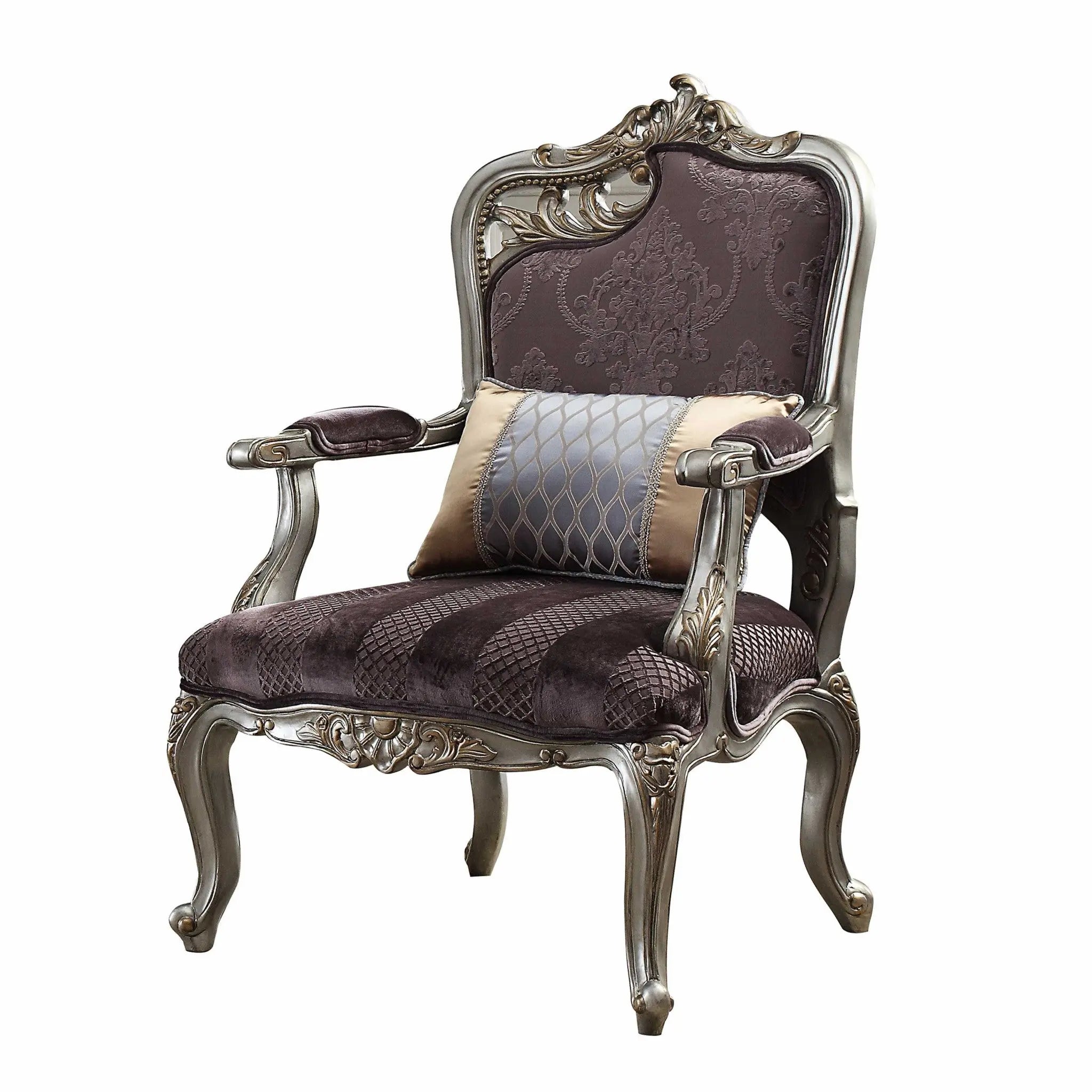 29" Purple Velvet and Wood Floral Arm Chair And Toss Pillow Homeroots