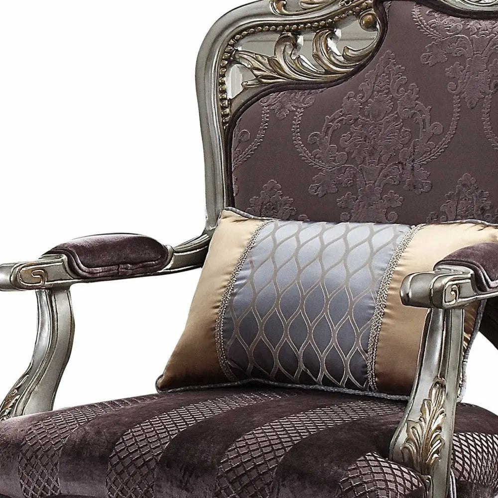 29" Purple Velvet and Wood Floral Arm Chair And Toss Pillow Homeroots