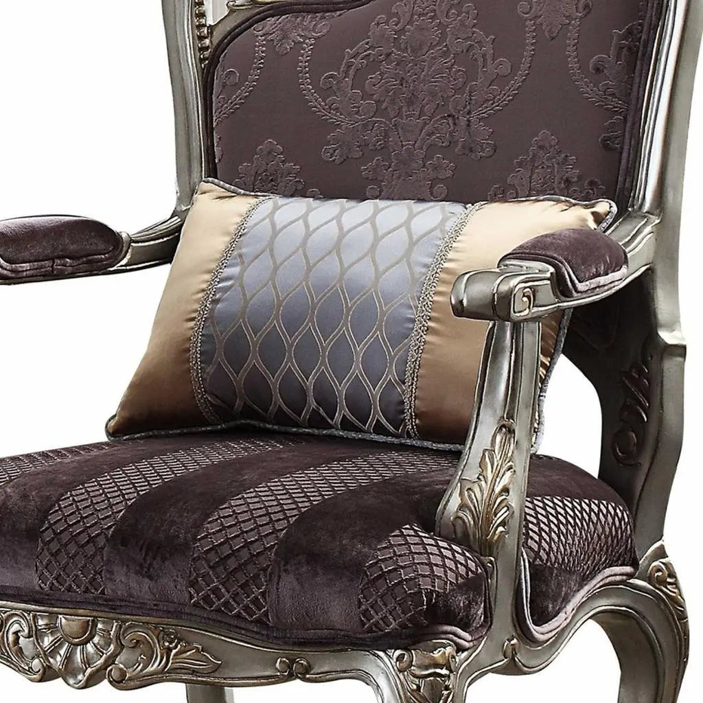 29" Purple Velvet and Wood Floral Arm Chair And Toss Pillow Homeroots
