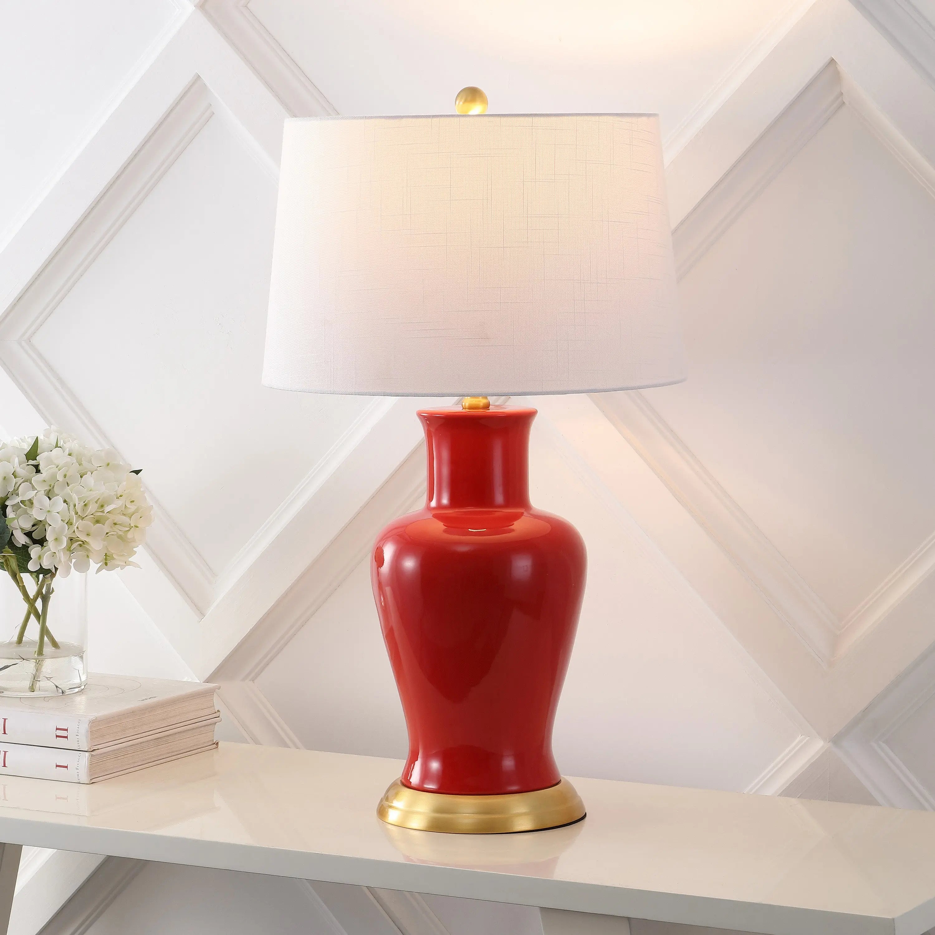 29" Red And Gold Urn Table Lamp With Drum Shade Homeroots Lighting