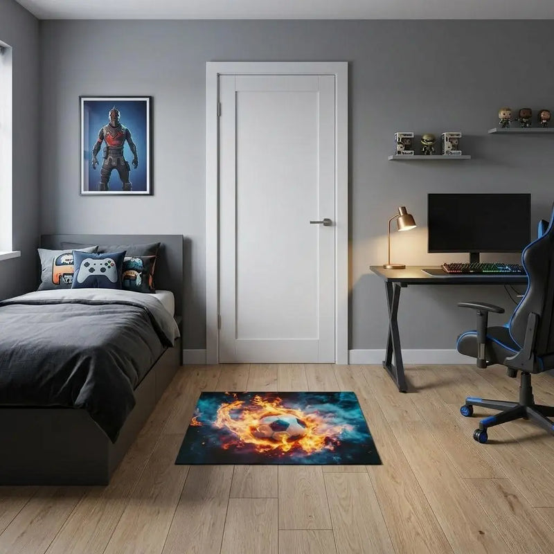 2' X 2' Black Orange And Blue Flaming Soccer Washable Area Rug With UV Protection Homeroots Home Decor