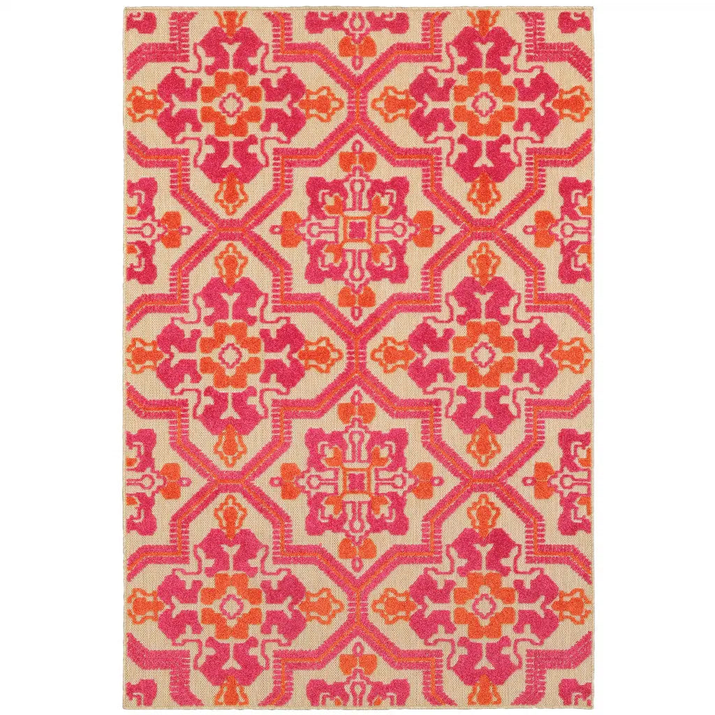2' X 3' Beige Orange And Pink Geometric Indoor Outdoor Area Rug Homeroots Outdoor