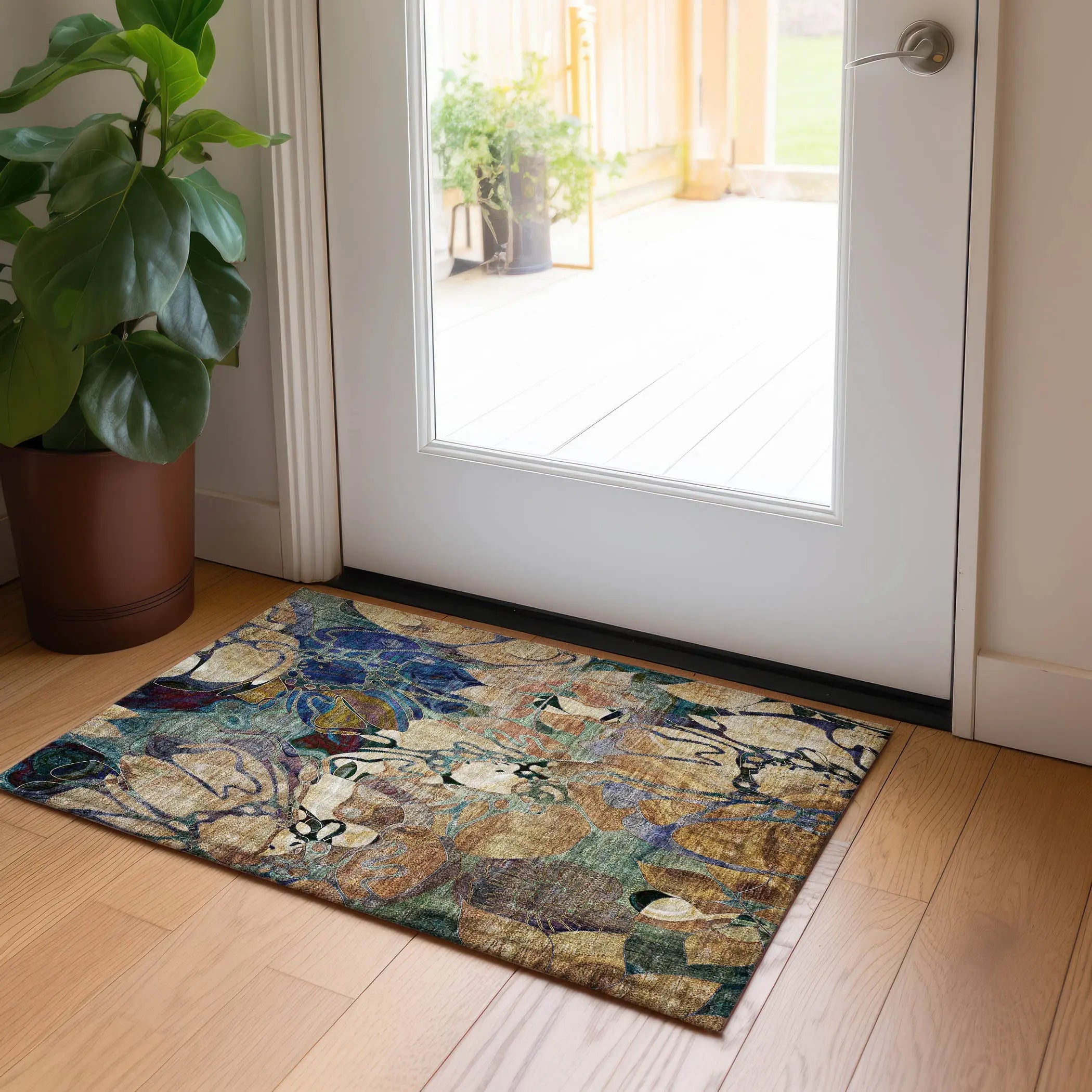2' X 3' Beige and Blue Abstract Washable Indoor Outdoor Area Rug - GreatEagleInc