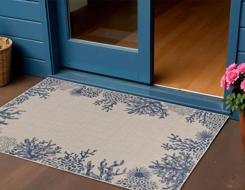 2' X 3' Beige and Blue Coral Stain Resistant Indoor Outdoor Area Rug Homeroots Outdoor