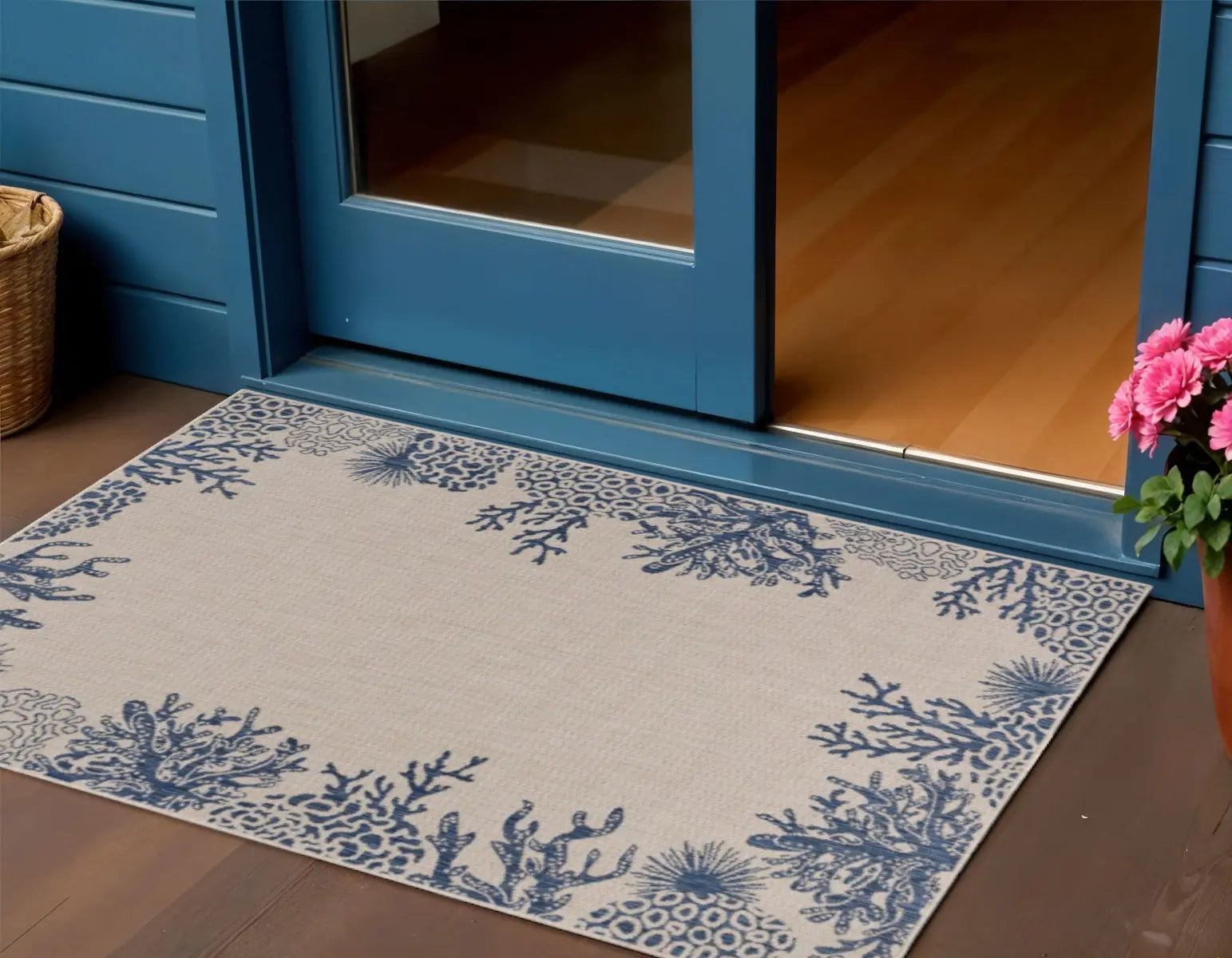2' X 3' Beige and Blue Coral Stain Resistant Indoor Outdoor Area Rug Homeroots Outdoor