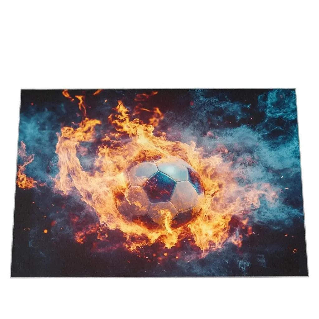 2' X 3' Black Orange And Blue Flaming Soccer Washable Area Rug With UV Protection Homeroots Home Decor