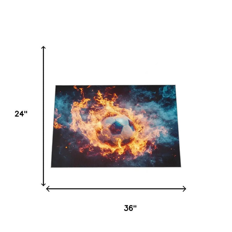 2' X 3' Black Orange And Blue Flaming Soccer Washable Area Rug With UV Protection Homeroots Home Decor
