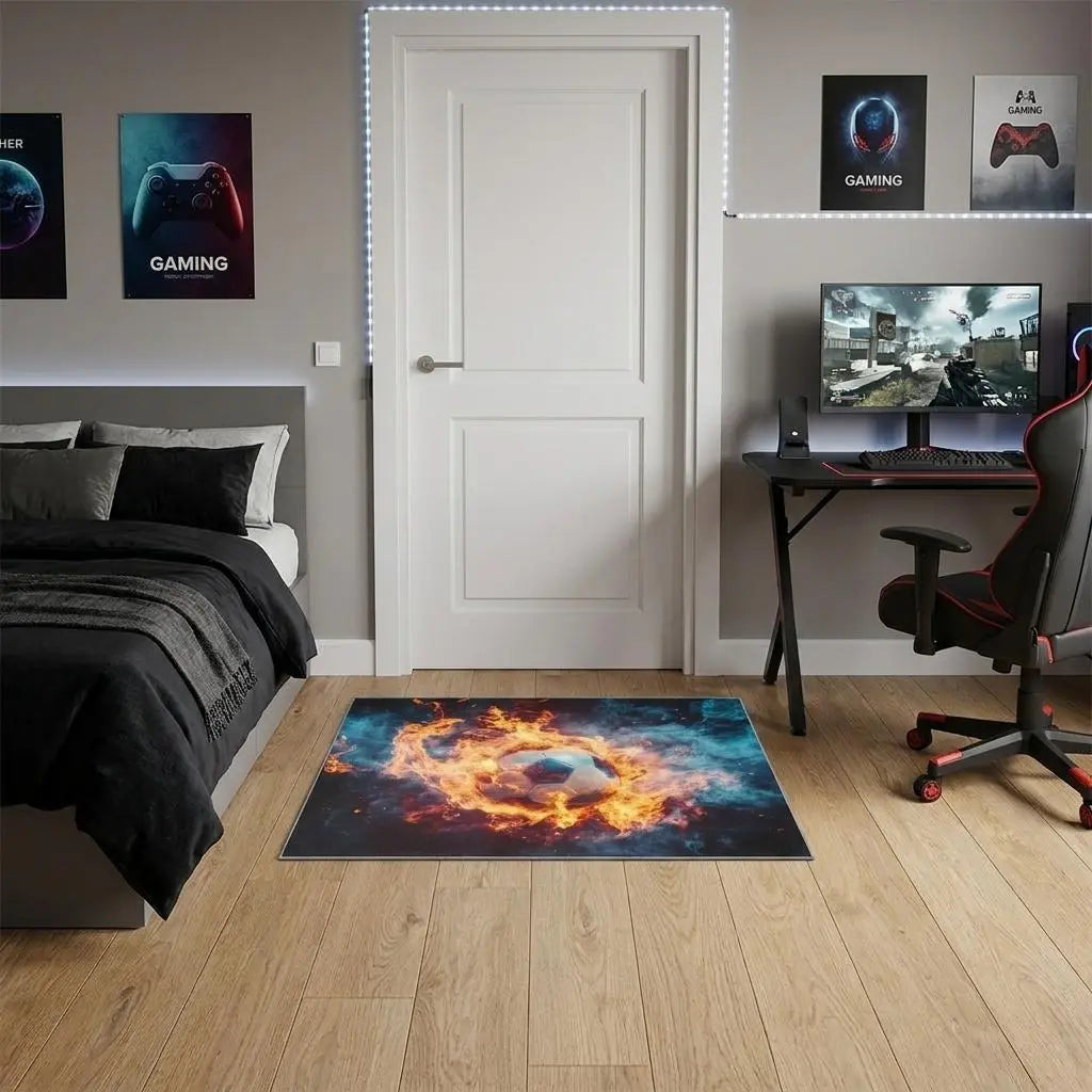 2' X 3' Black Orange And Blue Flaming Soccer Washable Area Rug With UV Protection Homeroots Home Decor