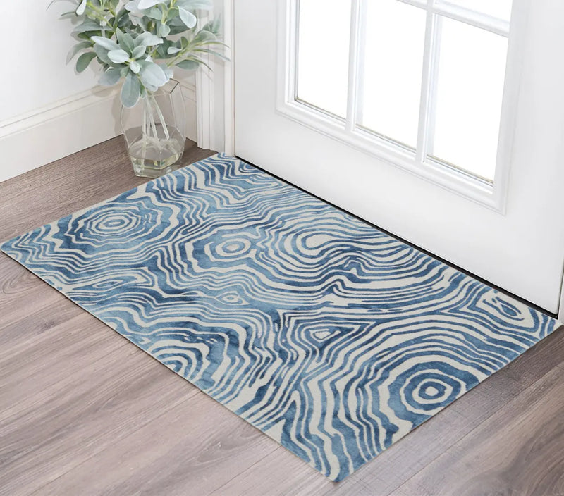 2' X 3' Blue And Ivory Wool Geometric Tufted Handmade Area Rug Homeroots Home Decor