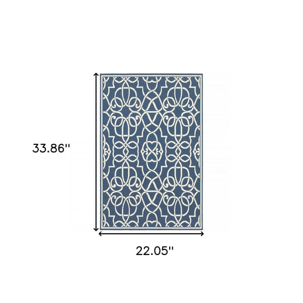 2' X 3' Blue and Ivory Geometric Stain Resistant Indoor Outdoor Area Rug Homeroots Outdoor