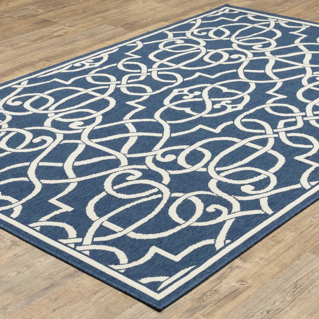2' X 3' Blue and Ivory Geometric Stain Resistant Indoor Outdoor Area Rug Homeroots Outdoor