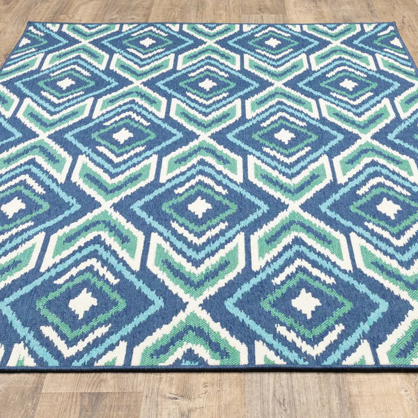 2' X 3' Blue and Ivory Geometric Stain Resistant Indoor Outdoor Area Rug Homeroots Outdoor