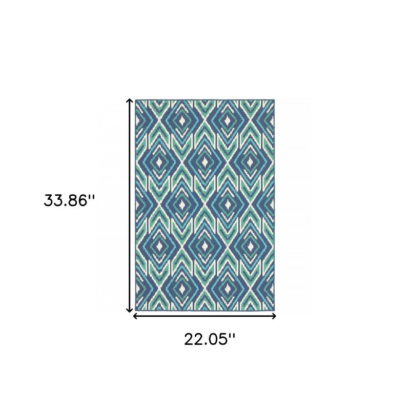 2' X 3' Blue and Ivory Geometric Stain Resistant Indoor Outdoor Area Rug Homeroots Outdoor