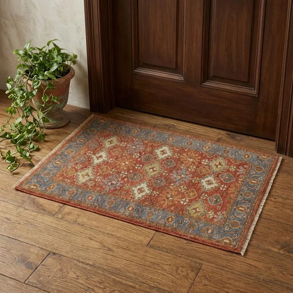 2' X 3' Blue and Red Wool Floral Hand Knotted Area Rug With Fringe Homeroots Home Decor