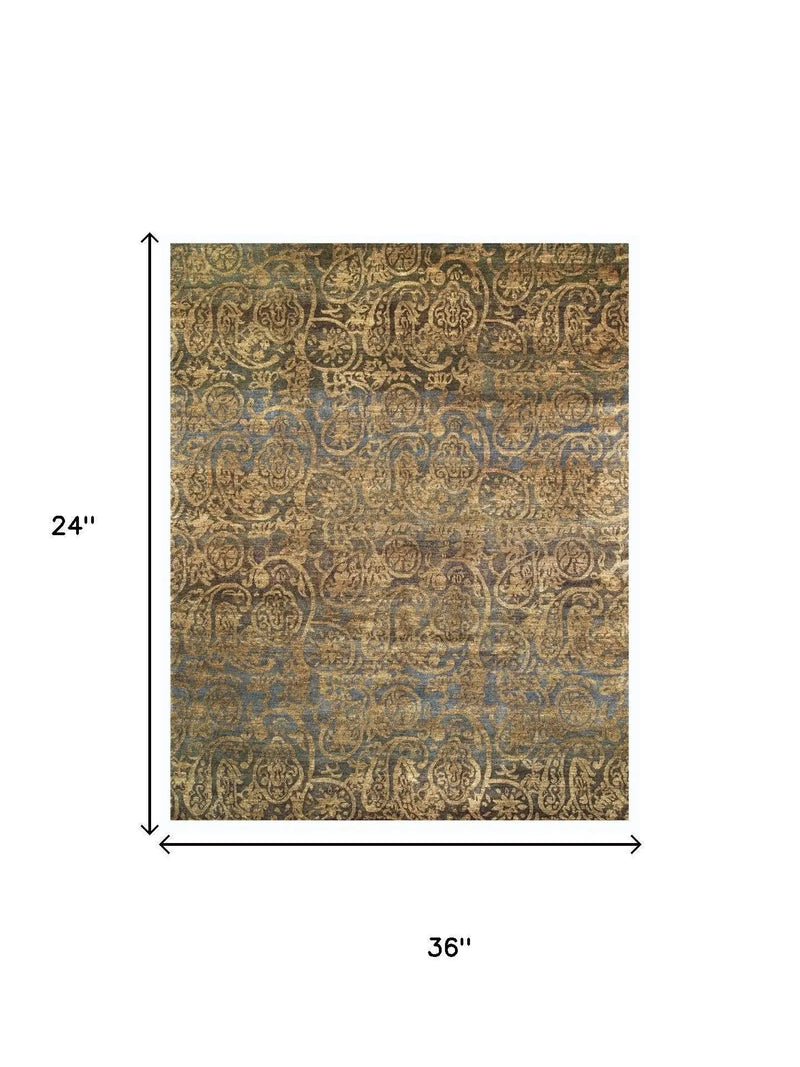 2' X 3' Brown Gold And Blue Wool Paisley Hand Knotted Area Rug Homeroots Home Decor