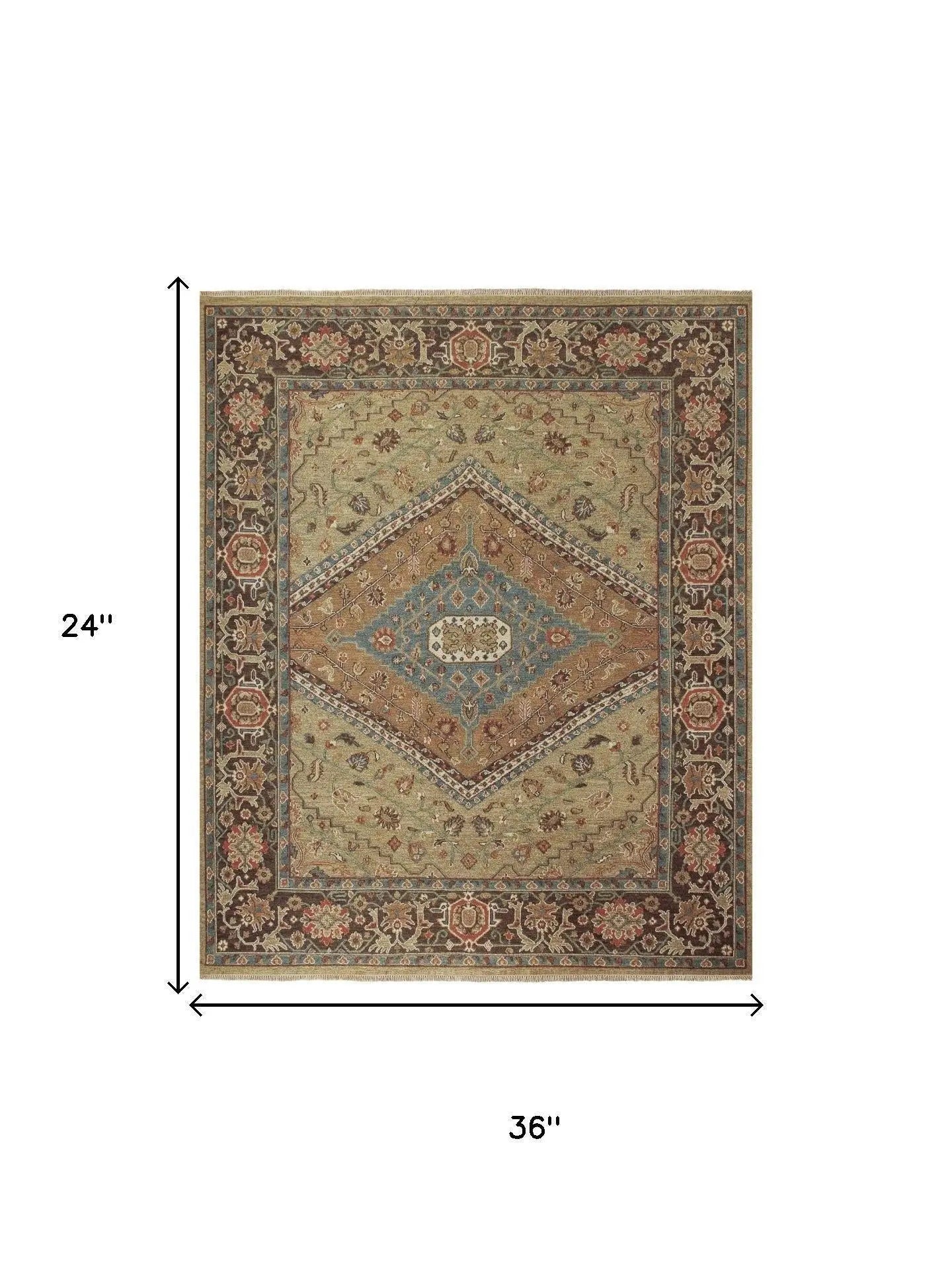 2' X 3' Brown Gold And Green Wool Oriental Hand Knotted Area Rug Homeroots Home Decor