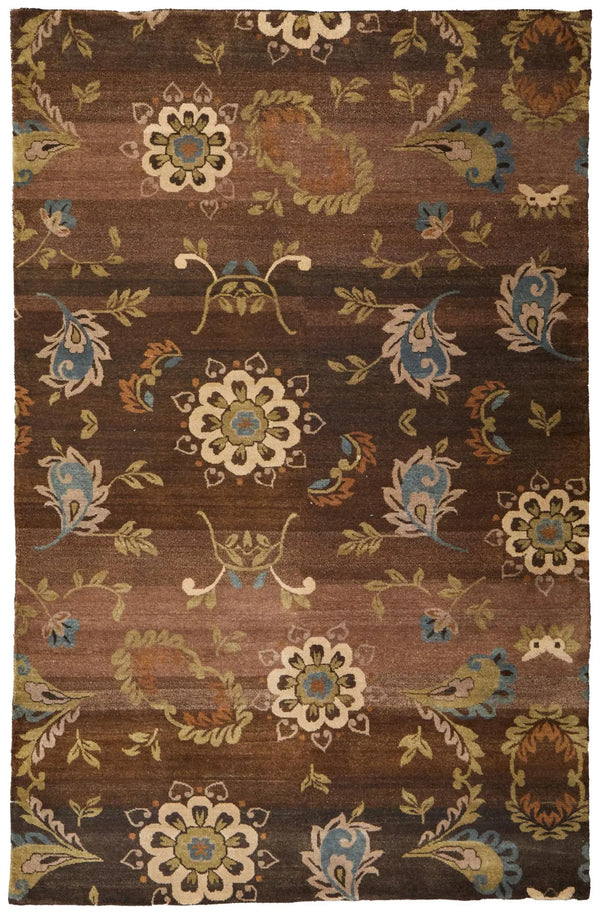 2' X 3' Brown Tan And Green Wool Floral Hand Knotted Area Rug Homeroots Home Decor