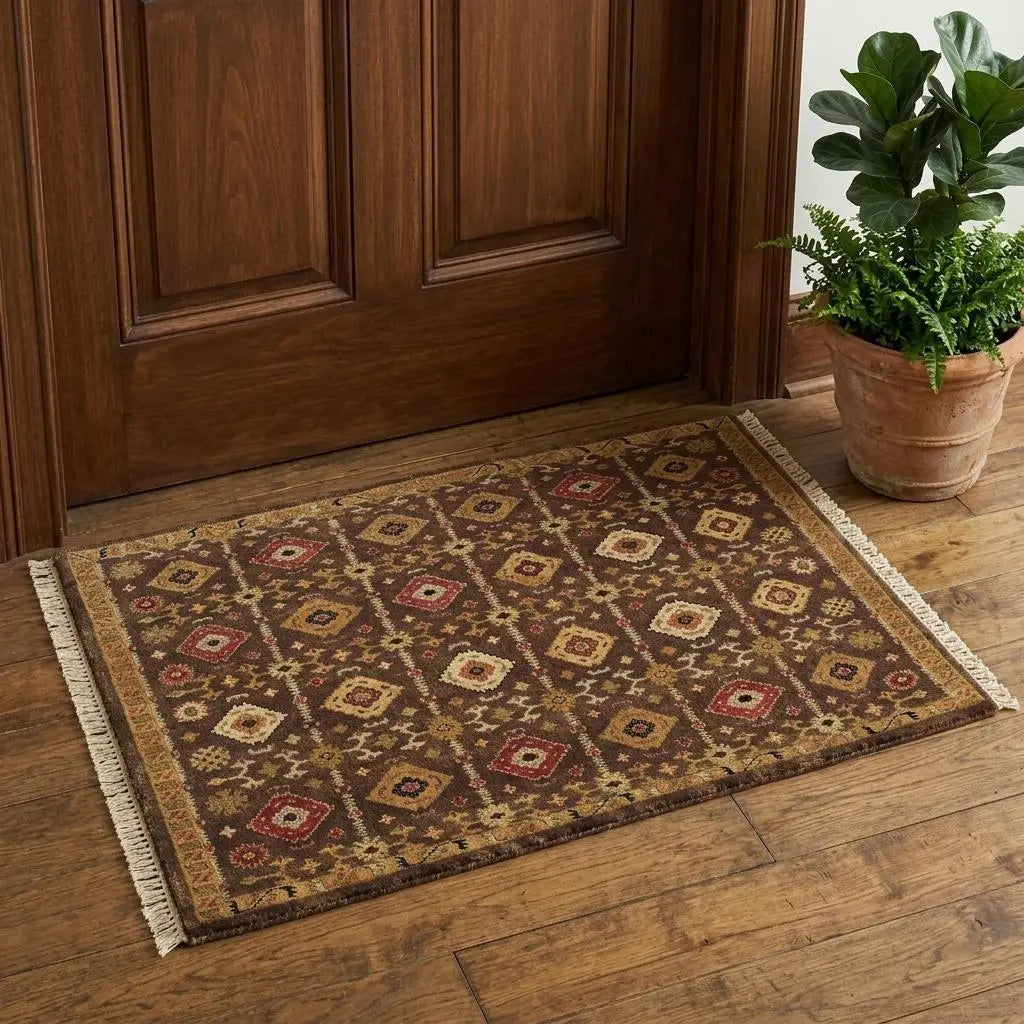 2' X 3' Brown Tan And Red Wool Geometric Hand Knotted Area Rug Homeroots Home Decor