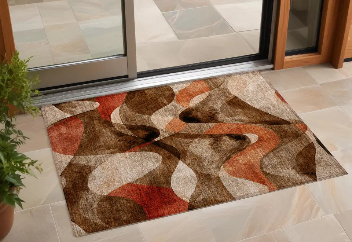 2' X 3' Chocolate Abstract Washable Non Skid Indoor Outdoor Area Rug - GreatEagleInc