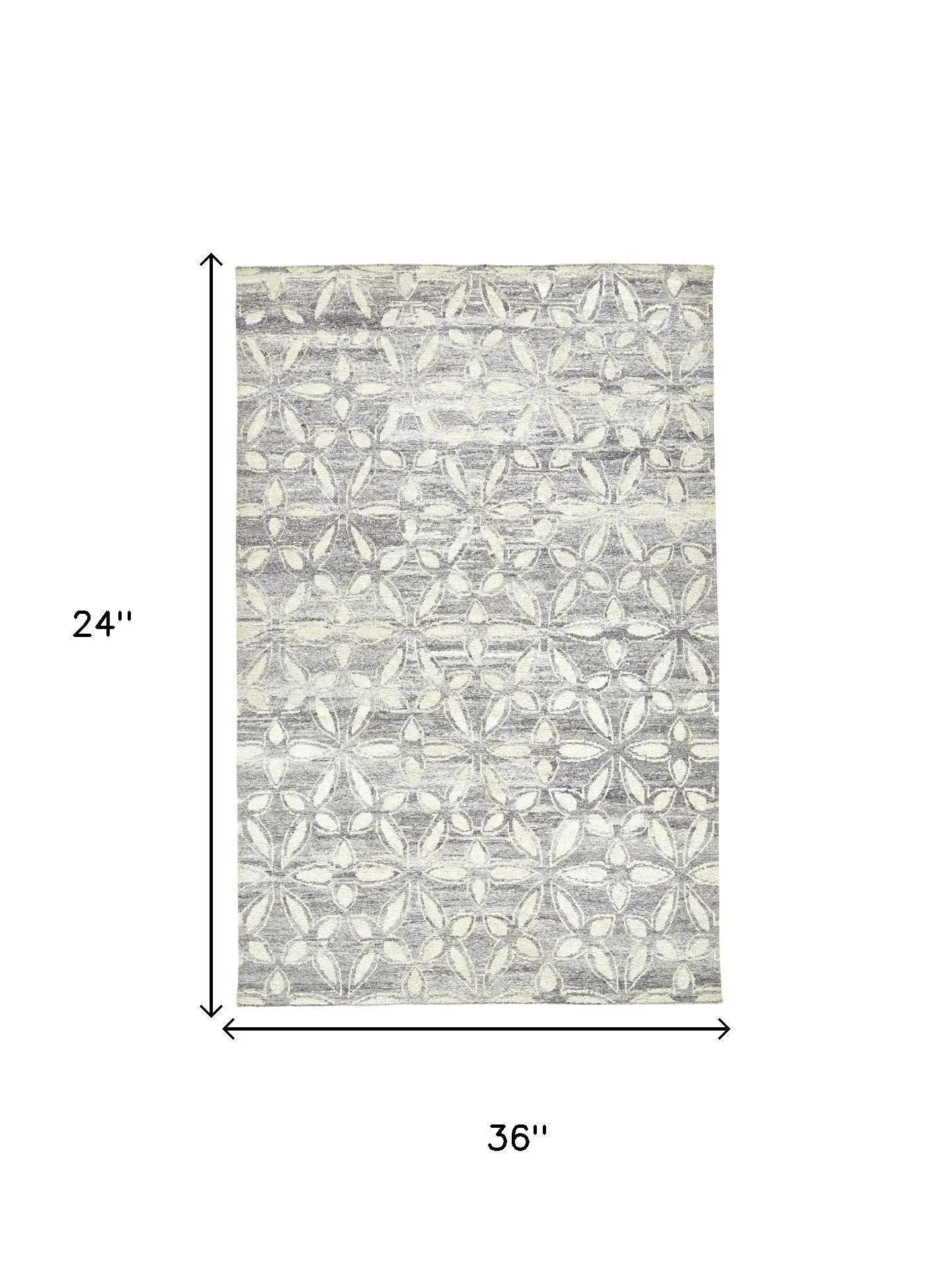 2' X 3' Gray And Ivory Floral Hand Knotted Area Rug Homeroots Home Decor
