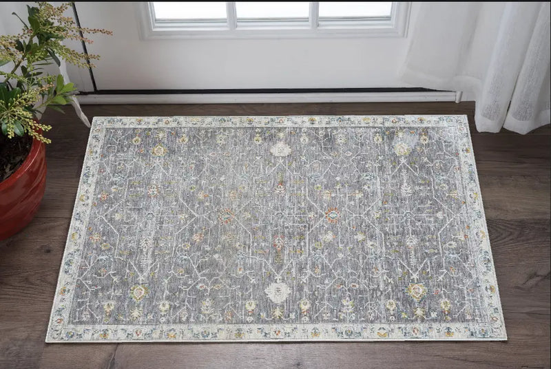 2' X 3' Gray and Ivory Floral Area Rug Homeroots Home Decor