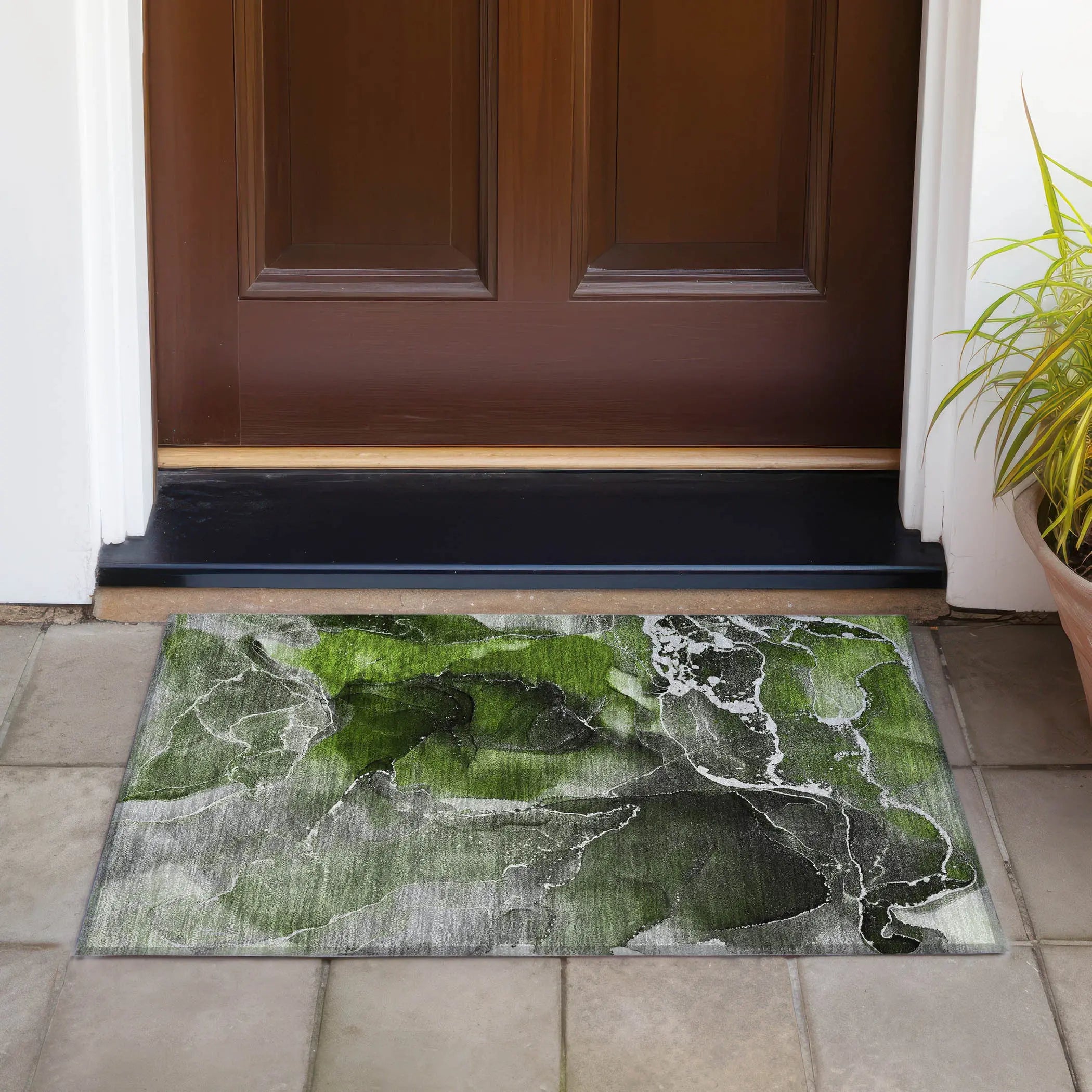2' X 3' Green Abstract Washable Non Skid Indoor Outdoor Area Rug Homeroots Outdoor