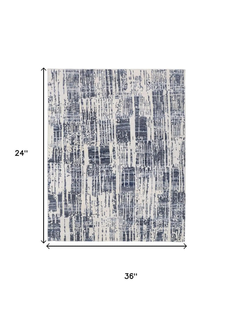 2' X 3' Ivory And Blue Wool Abstract Hand Knotted Area Rug With Fringe Homeroots Home Decor