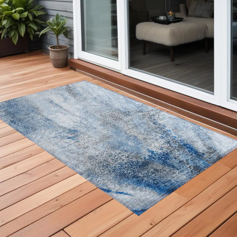 2' X 3' Ivory Blue and Gray Abstract Washable Non Skid Indoor Outdoor Area Rug Homeroots Outdoor
