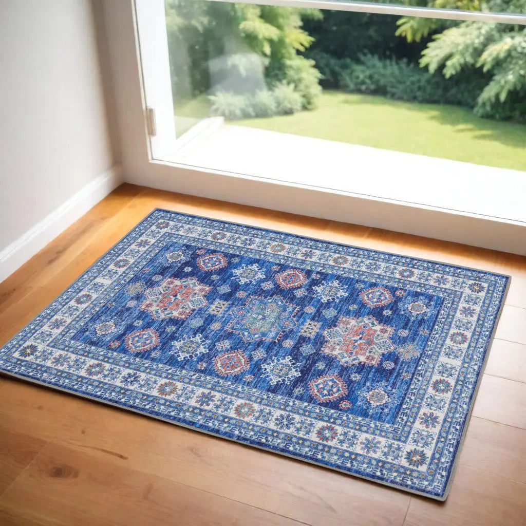 2' X 3' Ivory and Blue Oriental Distressed Non Skid Area Rug GreatEagleInc