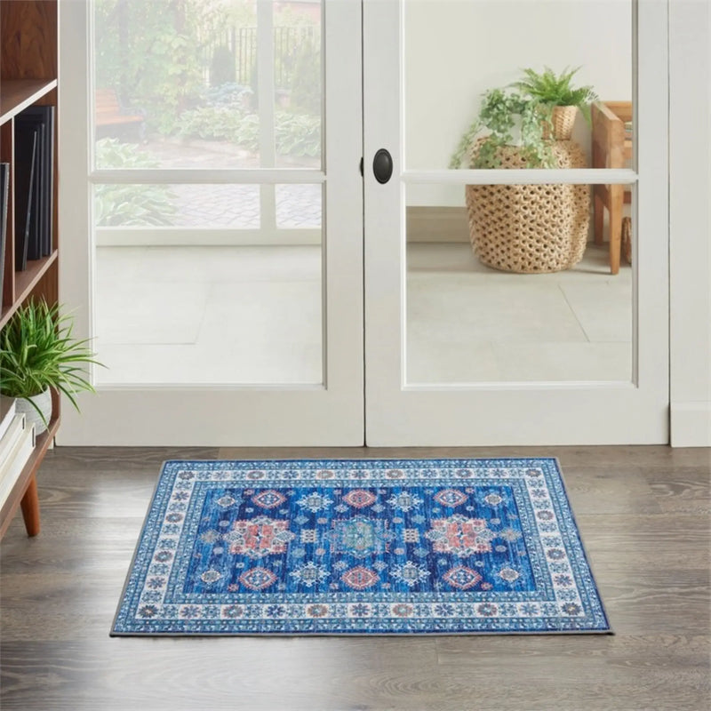 2' X 3' Ivory and Blue Oriental Distressed Non Skid Area Rug GreatEagleInc
