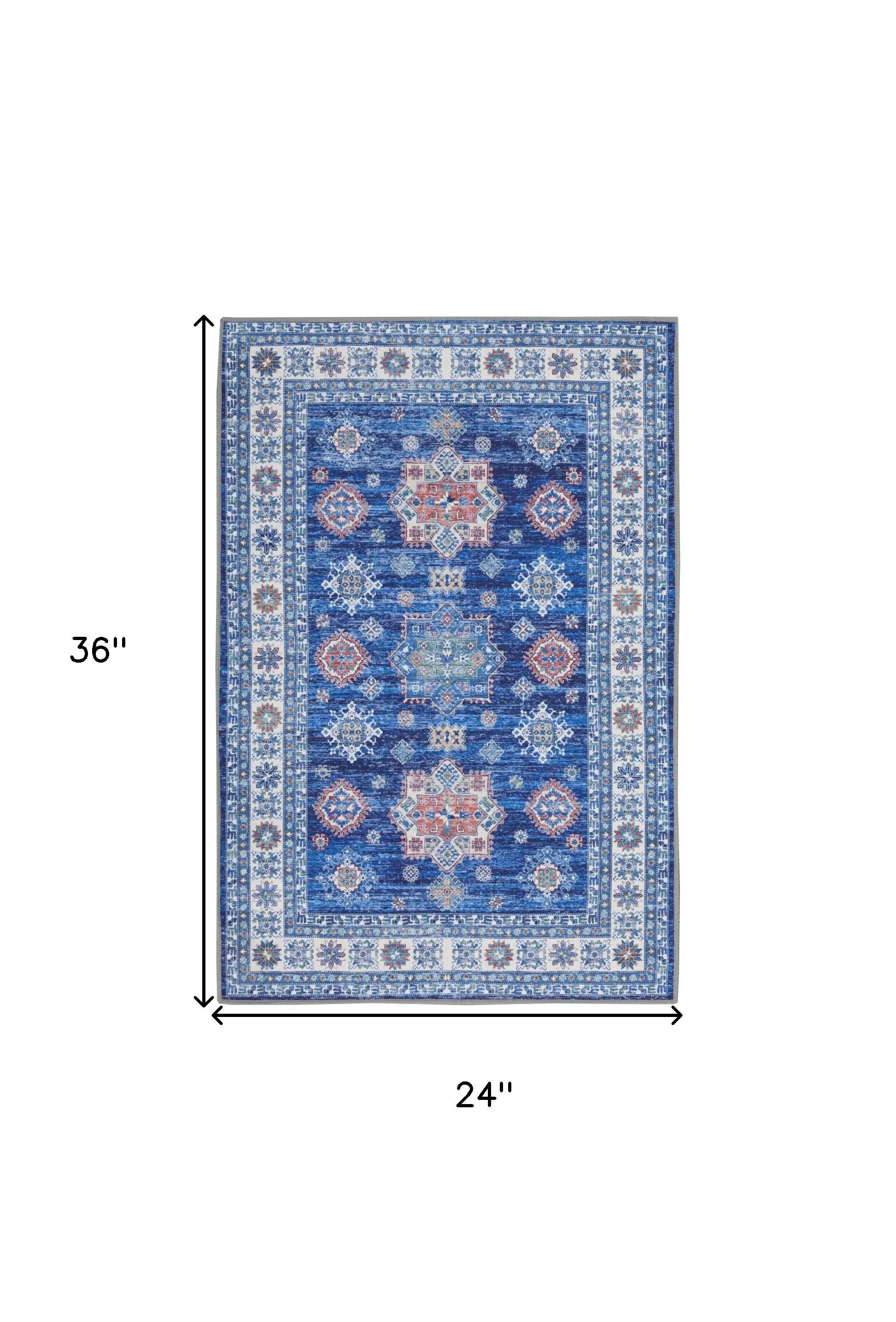 2' X 3' Ivory and Blue Oriental Distressed Non Skid Area Rug GreatEagleInc