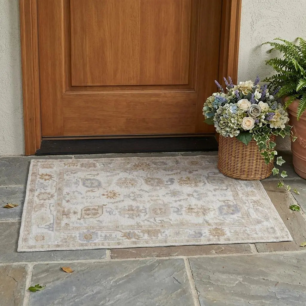 2' X 3' Ivory and Tan Medallion Handmade Distressed Indoor Outdoor Area Rug Homeroots Outdoor