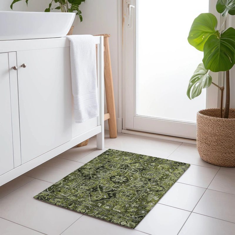 2' X 3' Olive Green and Dark Green Oriental Washable Non Skid Indoor Outdoor Area Rug - GreatEagleInc