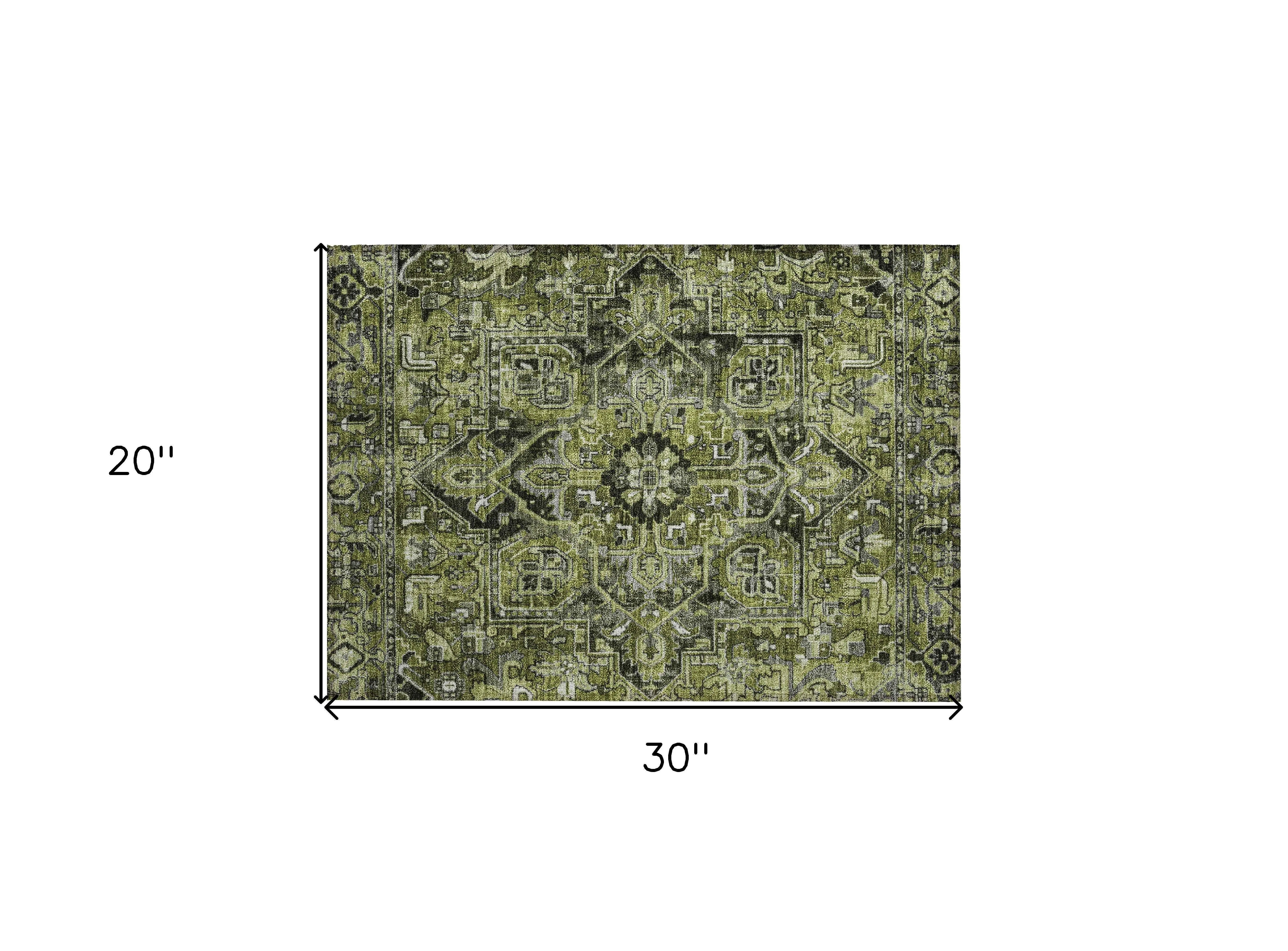 2' X 3' Olive Green and Dark Green Oriental Washable Non Skid Indoor Outdoor Area Rug - GreatEagleInc