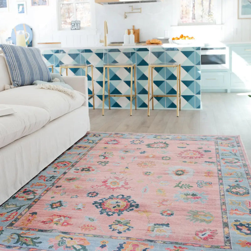 2' X 3' Pink And Blue Oriental Washable Area Rug Homeroots Home Decor