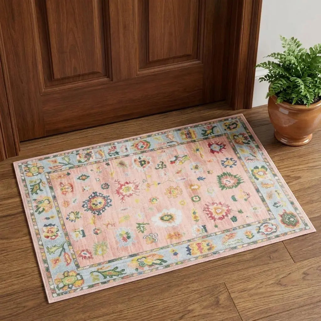 2' X 3' Pink And Blue Oriental Washable Area Rug Homeroots Home Decor