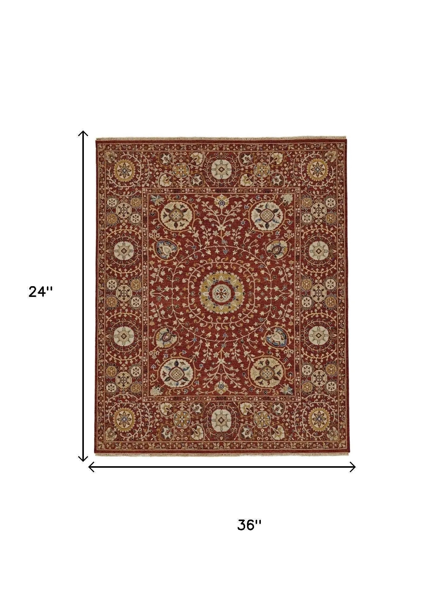 2' X 3' Red Gold And Ivory Wool Geometric Hand Knotted Area Rug Homeroots Home Decor