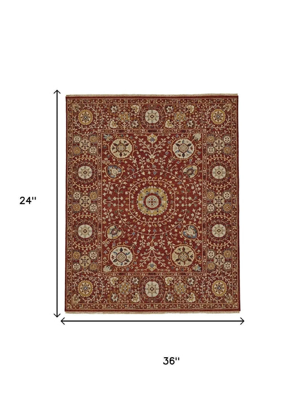 2' X 3' Red Gold And Ivory Wool Geometric Hand Knotted Area Rug Homeroots Home Decor