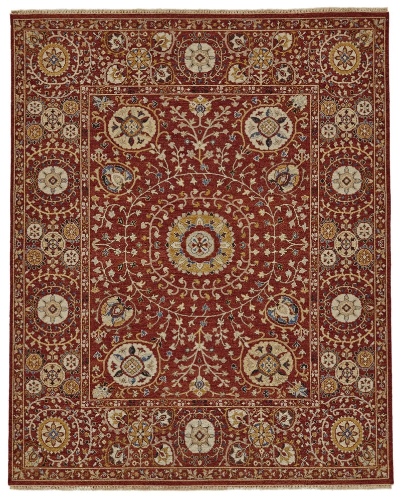 2' X 3' Red Gold And Ivory Wool Geometric Hand Knotted Area Rug Homeroots Home Decor