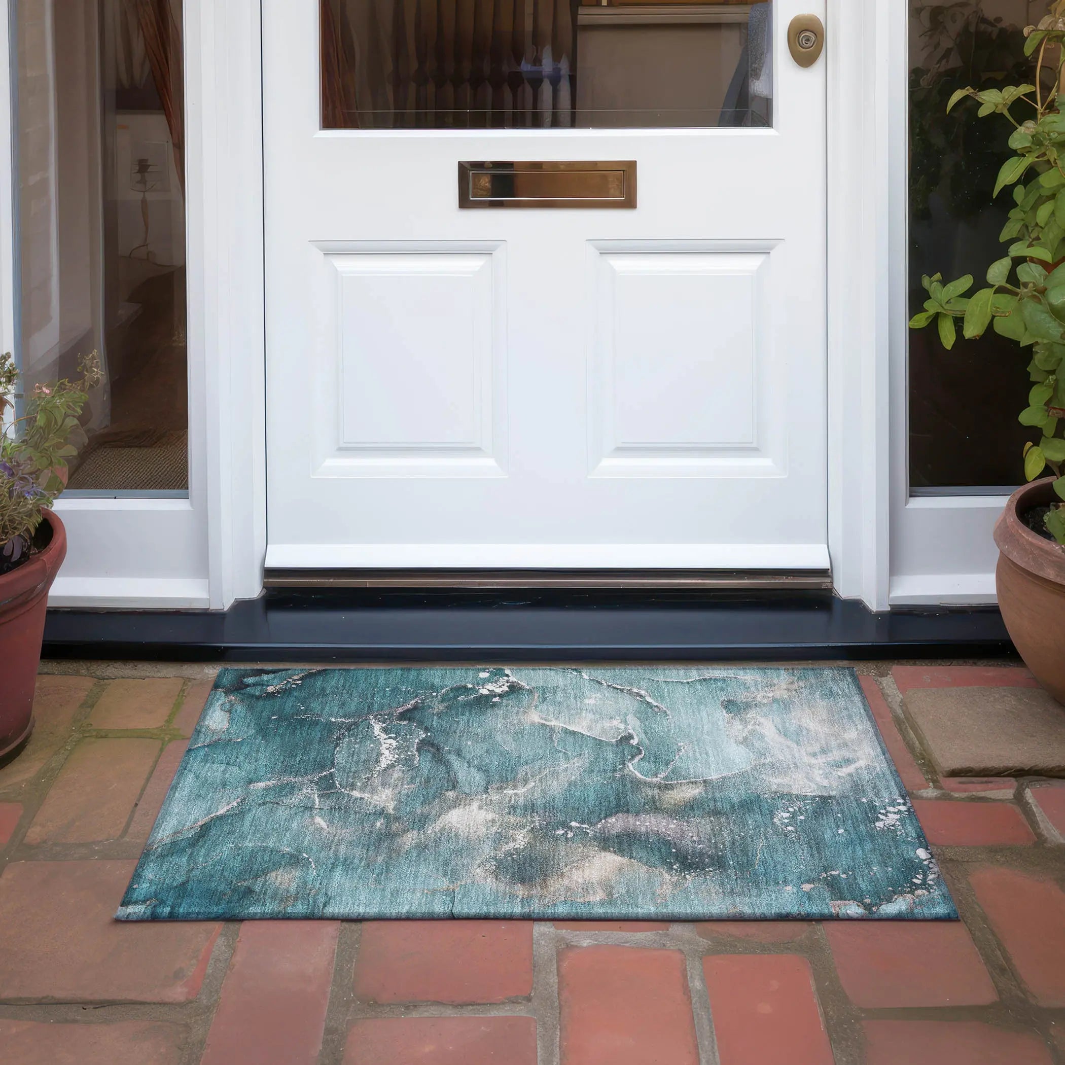 2' X 3' Teal Abstract Washable Non Skid Indoor Outdoor Area Rug Homeroots Outdoor