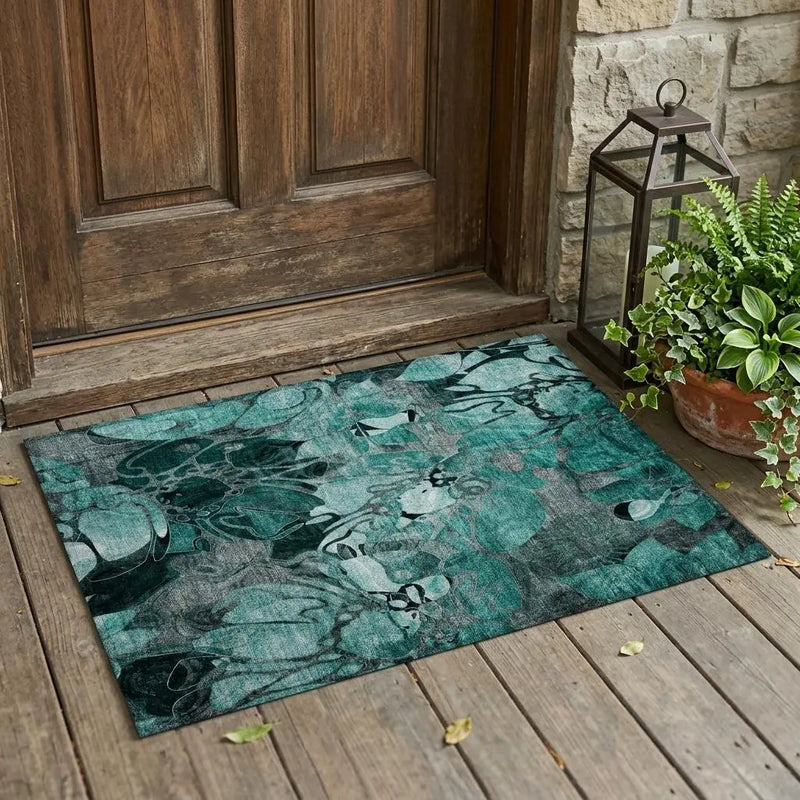 2' X 3' Teal Black and Gray Abstract Washable Indoor Outdoor Area Rug Homeroots Outdoor