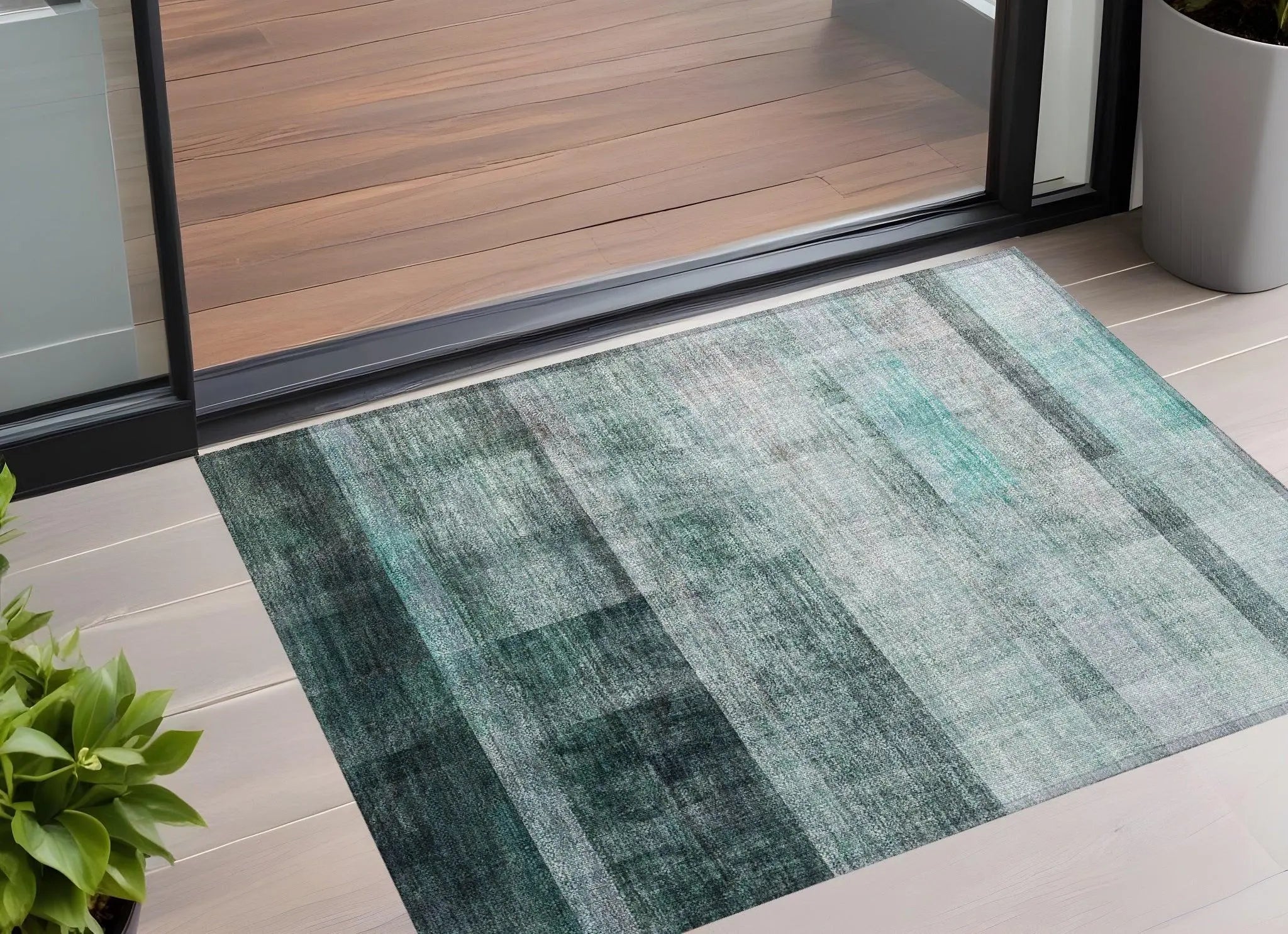 2' X 3' Teal Ombre Washable Non Skid Indoor Outdoor Area Rug - GreatEagleInc