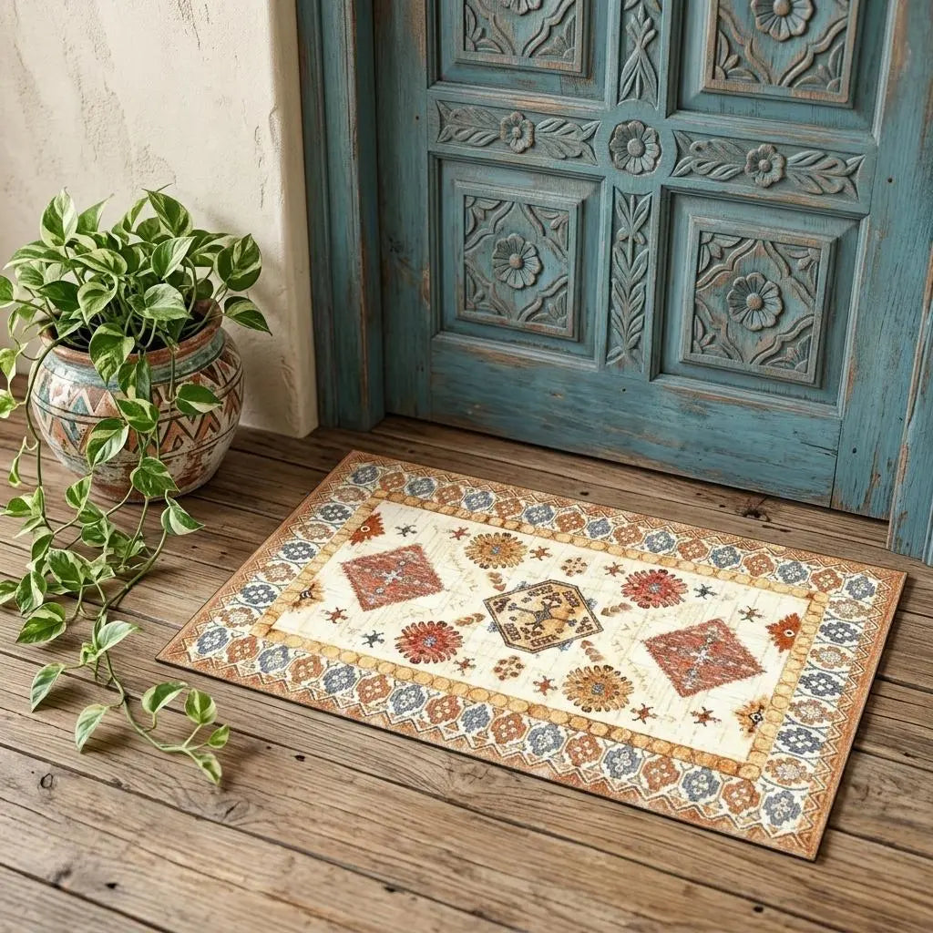 2' X 3' Terra Cotta And Blue Oriental Washable Area Rug Homeroots Home Decor